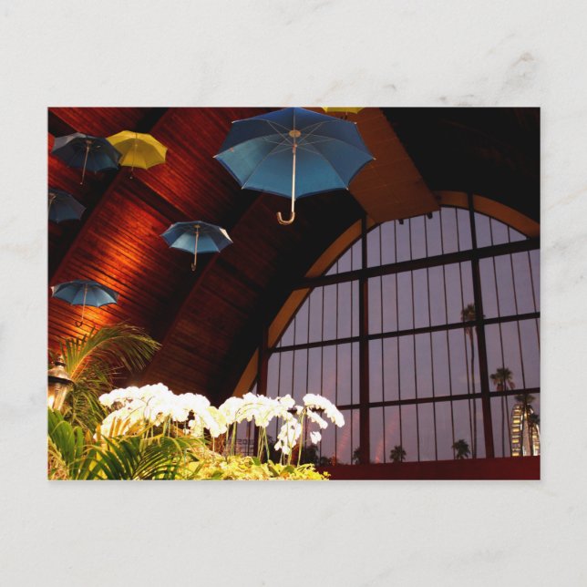 Yellow Umbrella White Flowers Blue Art Photo Postcard (Front)