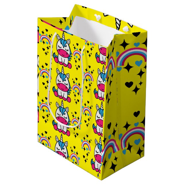 Yellow Unicorn Pony Birthday Medium Gift Bag (Front Angled)