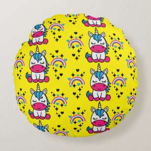 Yellow Unicorn Pony Round Cushion