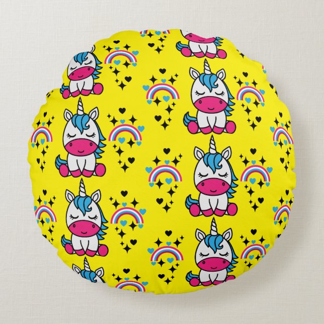 Yellow Unicorn Pony Round Cushion (Front)