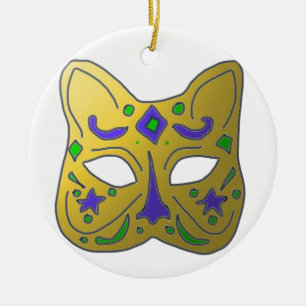 Yellow  Venetian Cat Mask Design   Ceramic Tree Decoration
