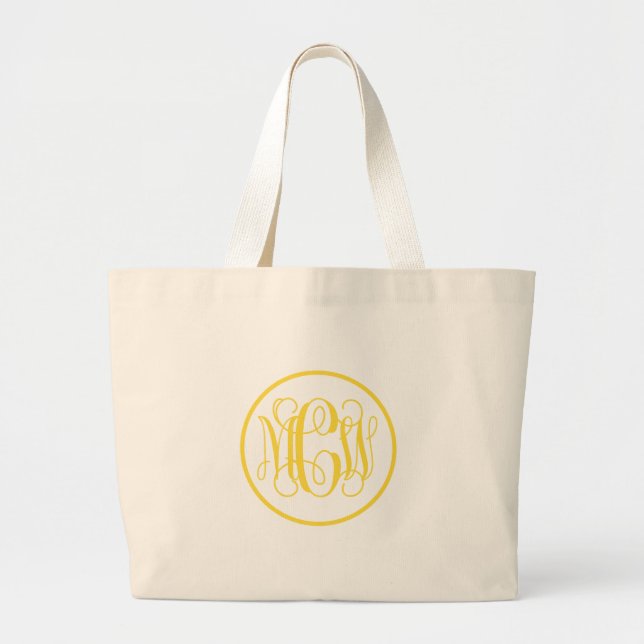 Yellow Vine Script Monogram Font DIY BG / Circle Large Tote Bag (Front)