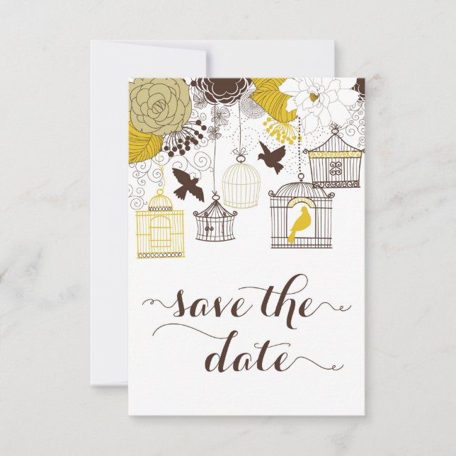 Yellow Vintage Birdcages Floral Save the Date (Front)