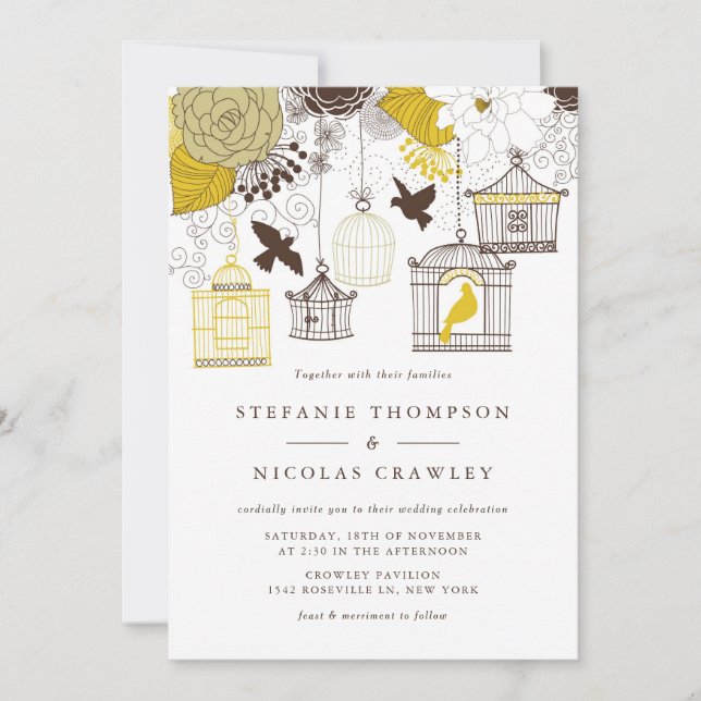 Yellow Vintage Birdcages Floral Wedding Invitation (Front)