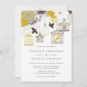 Yellow Vintage Birdcages Floral Wedding Invitation