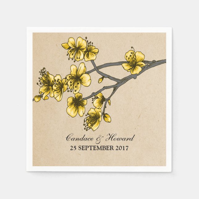Yellow Vintage Cherry Blossoms Paper Napkins (Front)