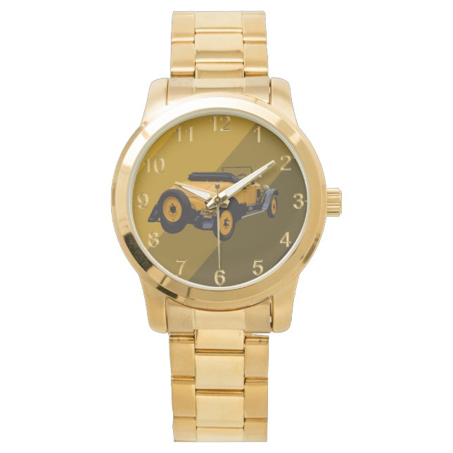 Yellow Vintage Convertible Car, Large Gold Watch (Front)