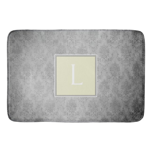 Yellow Vintage Damask Monogram Bath Mat (Front)