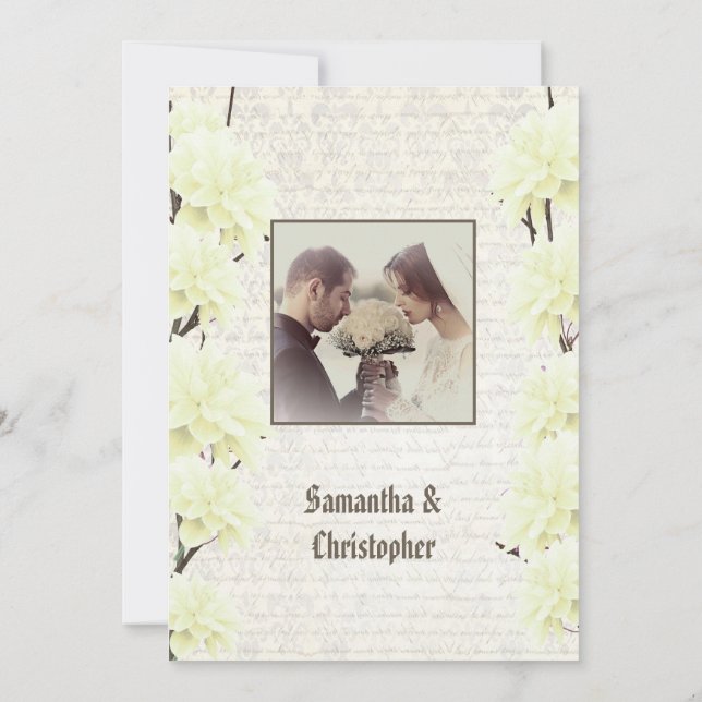 Yellow vintage floral wedding photo invitation (Back)