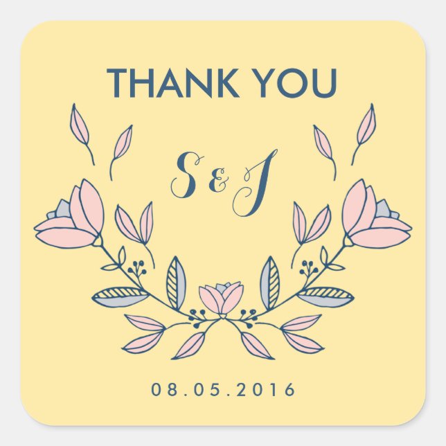 Yellow Vintage Flower Wedding Thank You Sticker (Front)