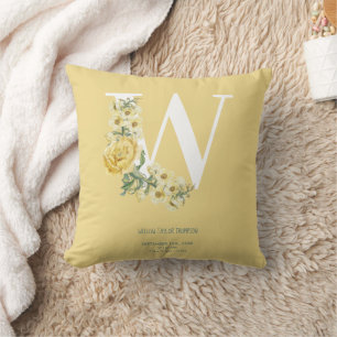 Yellow Vintage Flowers Initial Baby Birth Stats Cushion