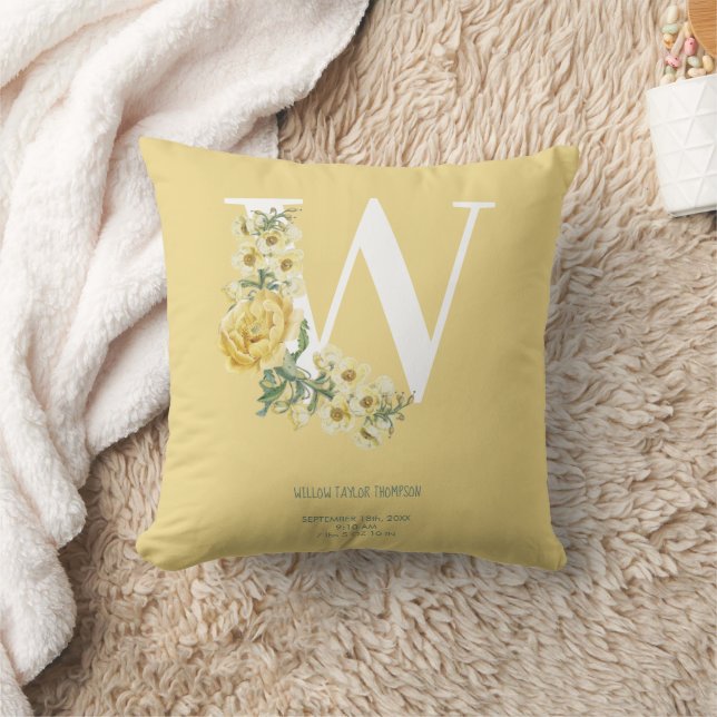 Yellow Vintage Flowers Initial Baby Birth Stats Cushion (Blanket)