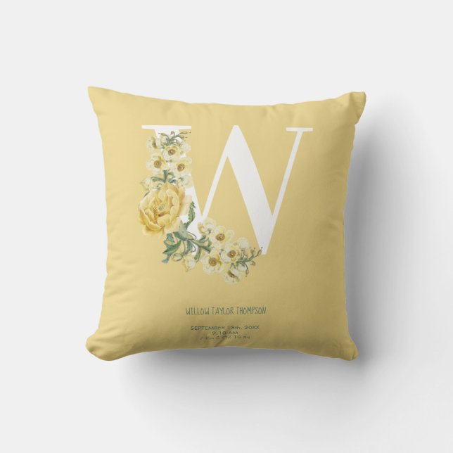 Yellow Vintage Flowers Initial Baby Birth Stats Cushion (Front)