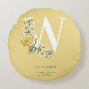 Yellow Vintage Flowers Initial Baby Birth Stats Round Cushion