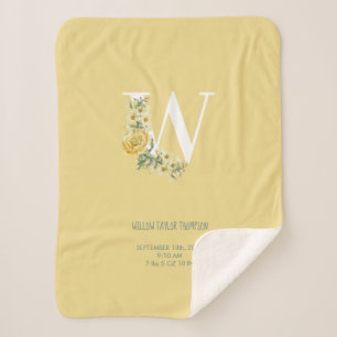 Yellow Vintage Flowers Initial Baby Birth Stats  Sherpa Blanket