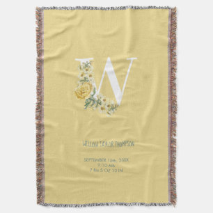Yellow Vintage Flowers Initial Baby Birth Stats  Throw Blanket