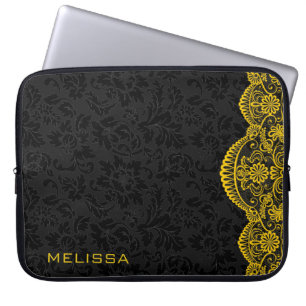 Yellow Vintage Lace Black Damasks Laptop Sleeve