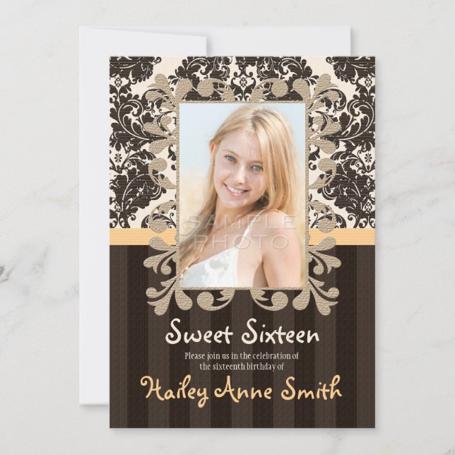 Yellow Vintage Lace Damask Sweet Sixteen Invitation (Front)
