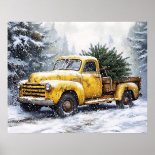 Yellow Vintage Pickup Truck Christmas Tree Poster