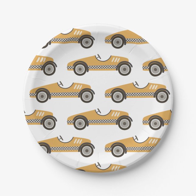 Yellow Vintage Race Car Birthday Paper Plates (Front)