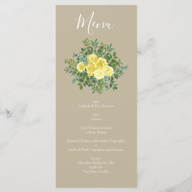 Yellow Vintage Rose Elegant Wedding Menu (Front)