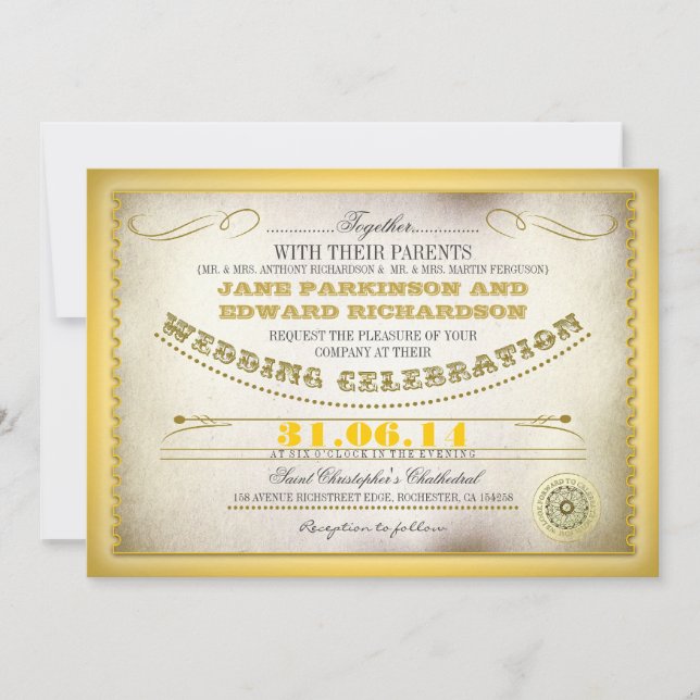 Yellow vintage wedding invitations - tickets (Front)