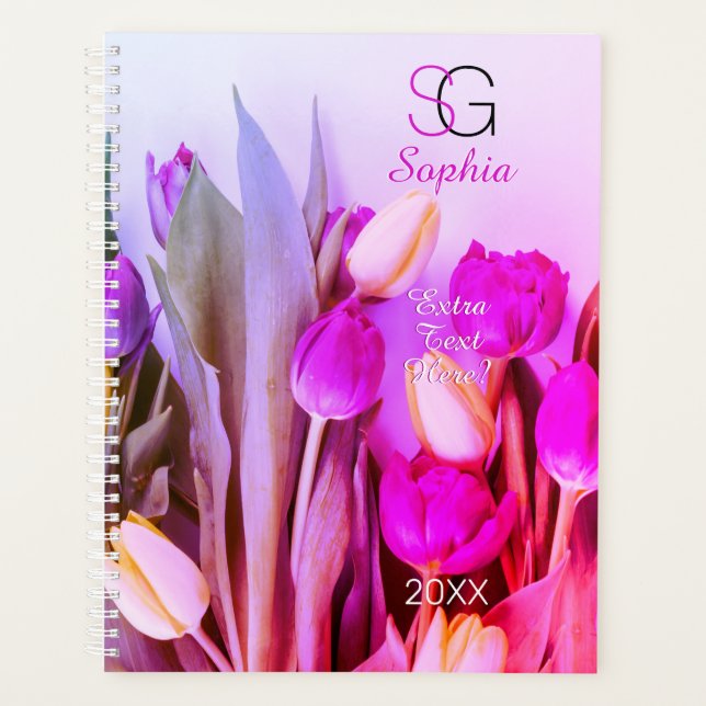 Yellow Violet Pink Tulips Name Monogram Title Year Planner (Front)
