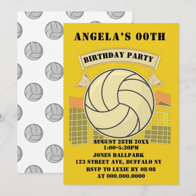 Yellow Volleyball Birthday Party Invites (Front/Back)