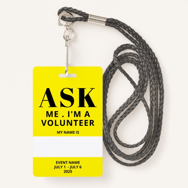 Yellow Volunteer Badge ID Badge (Front with Lanyard)
