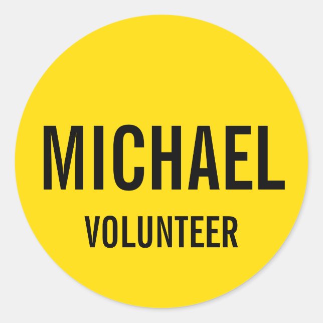 Yellow Volunteer Badge with Custom Name Classic Round Sticker (Front)