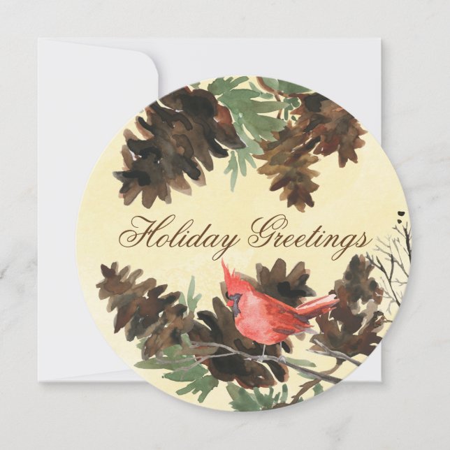 Yellow w. Red Cardinal Pine Cones Holiday Card (Front)