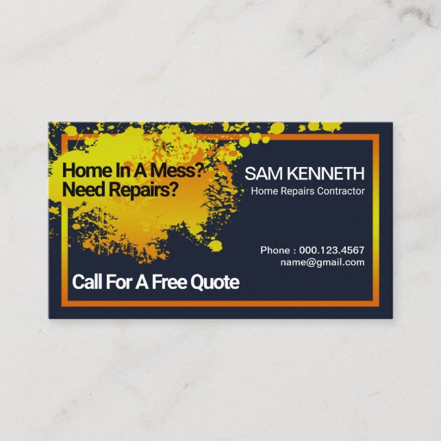 Yellow Wall Paint Splatter Home Repairs Business Card (Front)