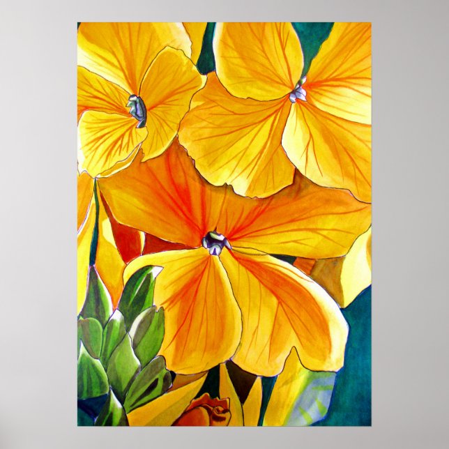 Yellow Wallflowers original watercolour flower art Poster (Front)