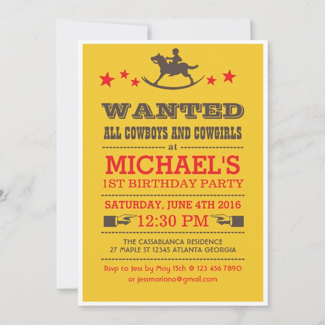 Yellow Wanted Western Cowboy Birthday Invitation (Front)