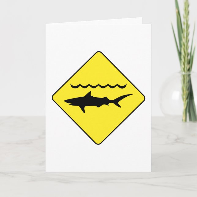 Yellow 'warning sharks' sign greeting card (Front)