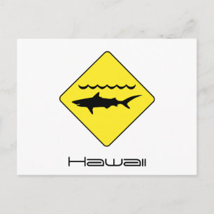 Yellow 'warning sharks' sign Hawaii postcard