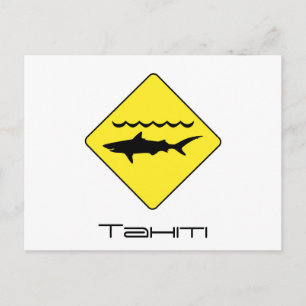 Yellow 'warning sharks' sign Tahiti postcard