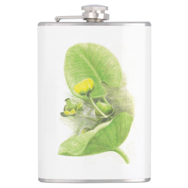 Yellow water Lily pencil sketch Hip Flask (Front)