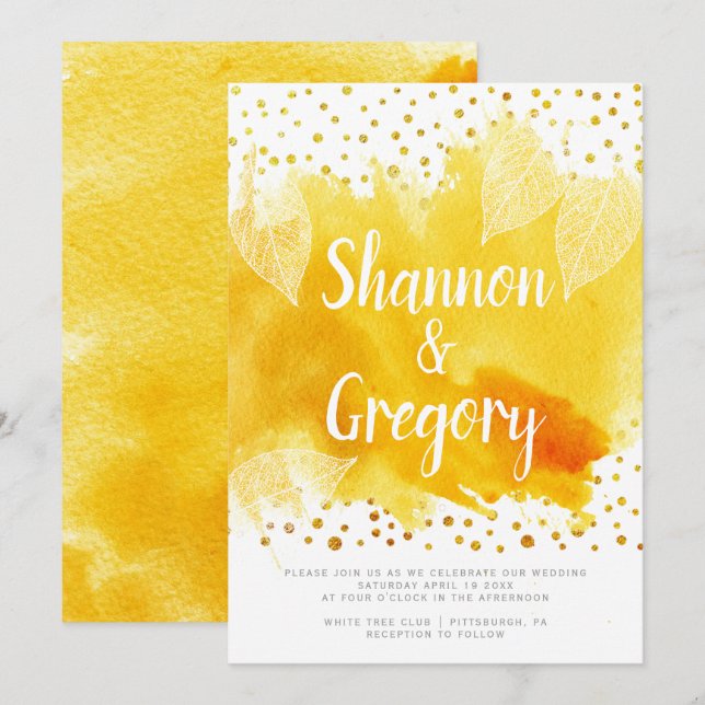 Yellow watercolor and leaves gold confetti wedding invitation (Front/Back)
