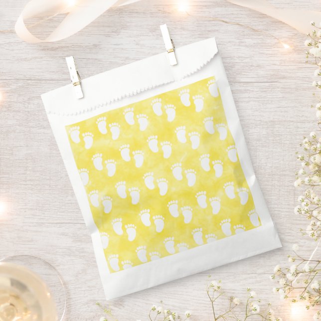 Yellow Watercolor Baby Shower Footprint Pattern Favour Bags (Clipped)