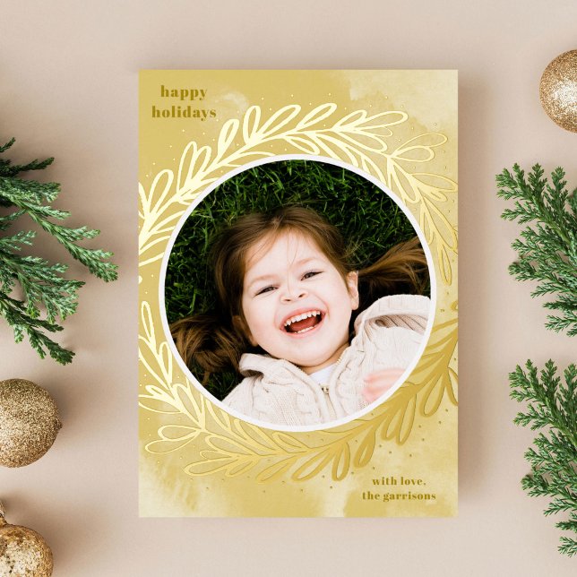 Yellow Watercolor Botanical Photo Frame Gold Foil Holiday Card (Gold foil hand-drawn botanical wreath on a  yellow watercolor photo holiday card)
