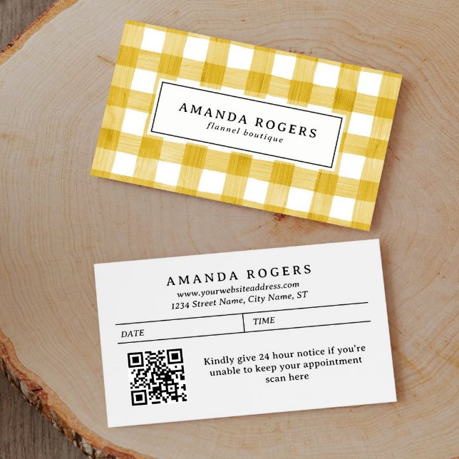 Yellow Watercolor Buffalo Plaid QR CODE modern  Appointment Card (Creator Uploaded)