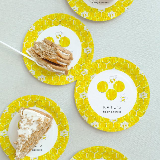 Yellow Watercolor Bumble Bee Beehive Baby Shower Paper Plate (Yellow watercolor bumble bees and honeycombs baby shower paper party plates.)