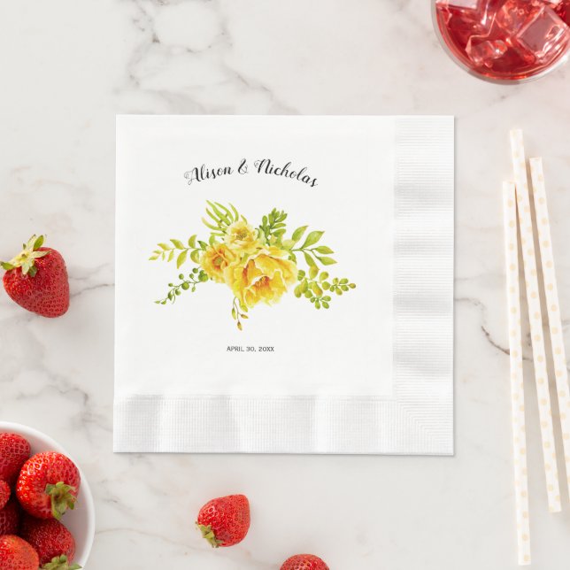 Yellow watercolor cactus flowers floral wedding napkin (Insitu)