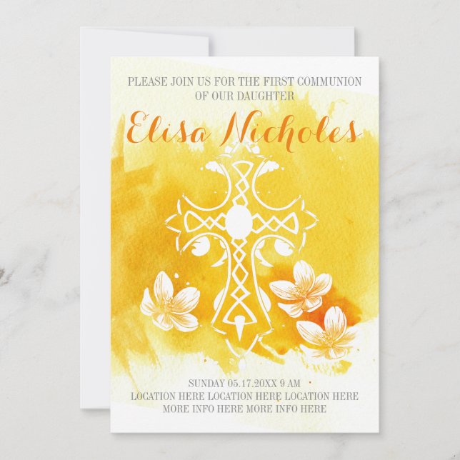 Yellow watercolor cross floral First Communion Invitation (Front)