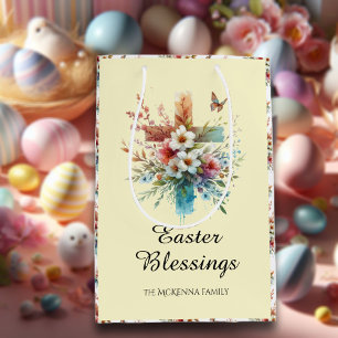 Yellow Watercolor Cross Flowers Christian Easter  Medium Gift Bag