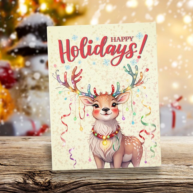 Yellow Watercolor Cute Christmas Lights Reindeer Postcard (Yellow Watercolor Cute Christmas Lights Reindeer Postcard)