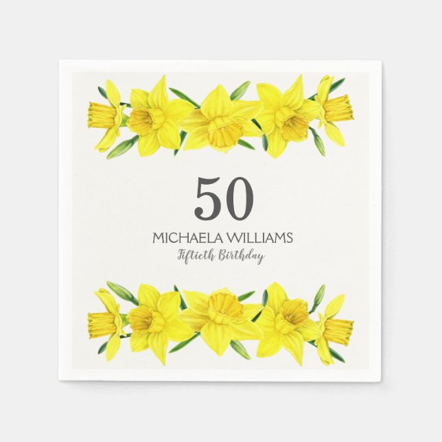 Yellow Watercolor Daffodils 50th Birthday Party Napkin (Front)