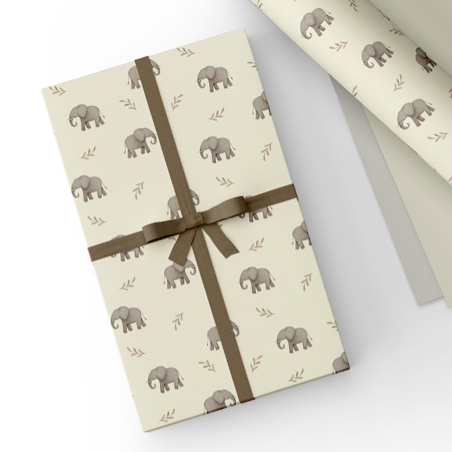 Yellow Watercolor Elephants Safari Pattern Wrapping Paper (Creator Uploaded)