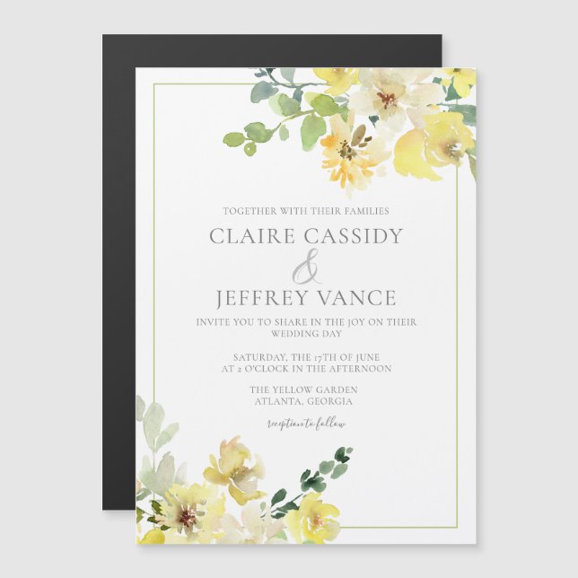 Yellow Watercolor Floral Cheerful Summer Wedding Magnetic Invitation (Front/Back)